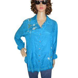 Chico's Robins Egg Blue Embroidered Floral Silk Button Down Shirt Size 2 Large